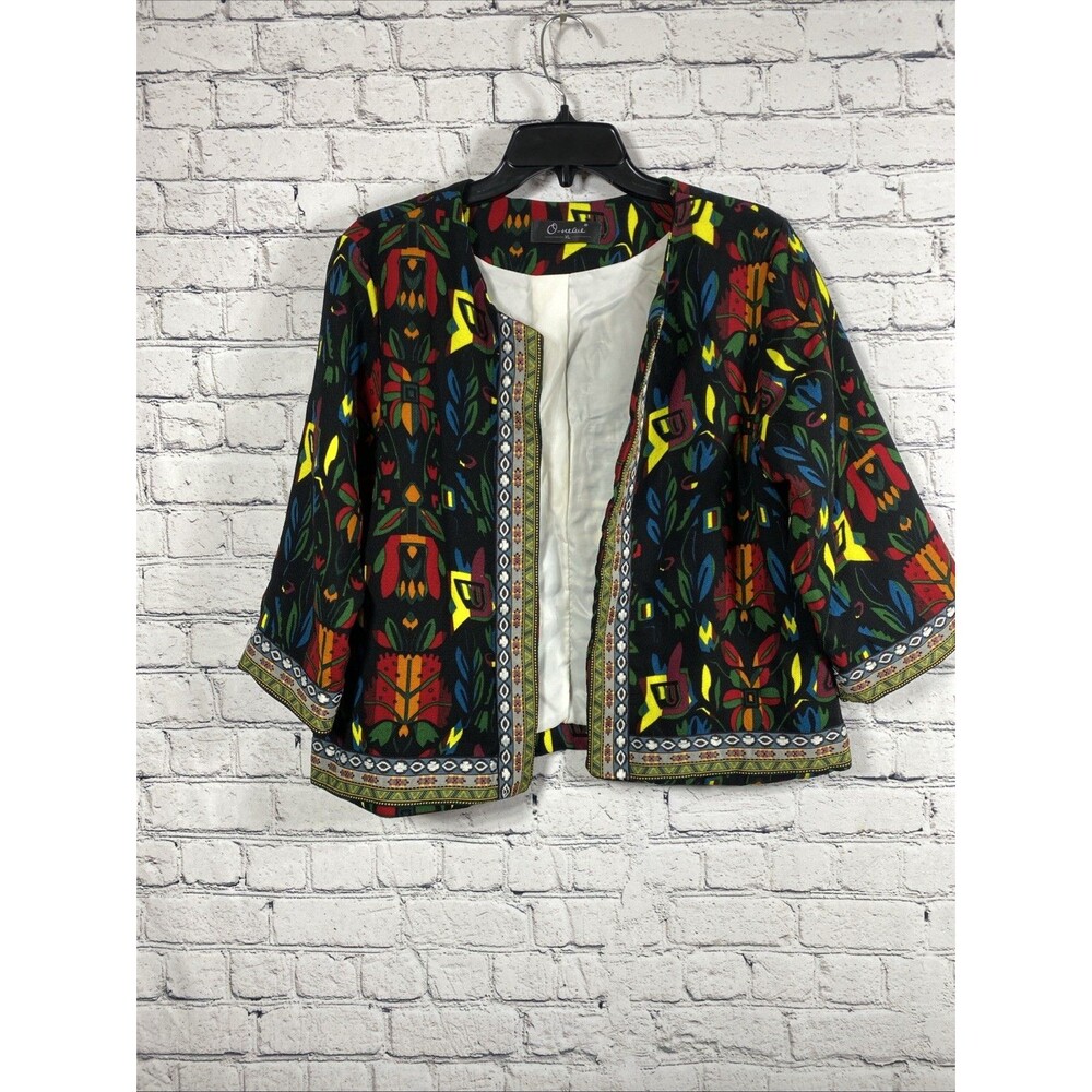 O-neue Women Abstract Print Open Front Embroidered Border Cropped Jacket Multi X